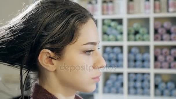 クローズ アップ美容師男美容室で若い女性の髪型になります — ストック動画