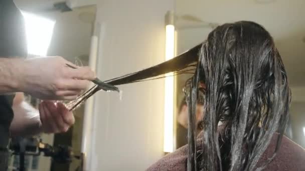 Primo piano parrucchiere uomo fa acconciatura per giovane donna nel salone di bellezza — Video Stock
