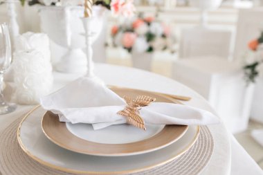 Yakın çekim düzeni Festival tablo. masa ve sandalyeler şenlikli bir akşam yemeği için dekore edilmiştir. Gün ışığı alan lüks dekor. Modern fotoğraf stüdyosu. Işık bahar odası studio iç.