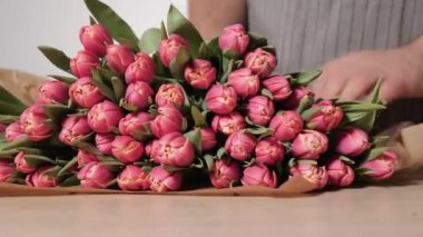 Bahçıvan Çiçekçi Çiçek dükkanında çalışıyor. Yakın çekim hafif Pembe Lale erkek elinde.