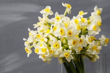 Beyaz nergis. Bahar çiçek retro masada. Şık ofis. Girişleri için bir yer. Yazıt için bir yer. Bir Vazoda Çiçekler buket.