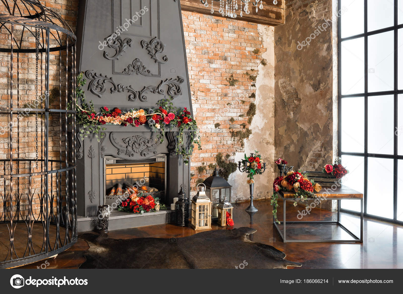 Interior With Fireplace Candles Skin Of Cows Brick Wall Large Interior With Fireplace Candles Skin Of Cows Brick Wall Large Window And A Metal Cell Loft Living Room Coffee Table In Modern Design