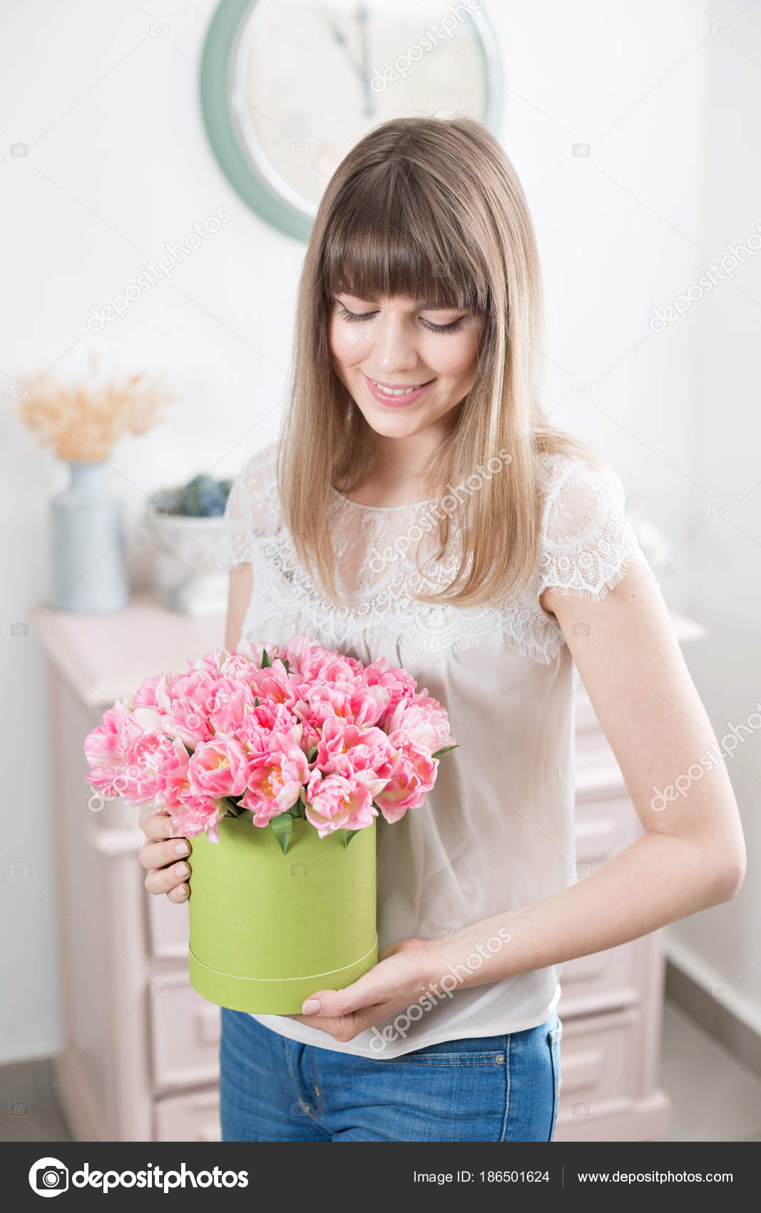 Sunny Spring Morning Young Happy Woman Holding A Beautiful Bunch Of Pink Tulips In Her Hands Present For A Smiles Girl Flowers Bouquet In Headbox Stock Photo Image By C Malkovkosta 186501624