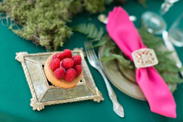 Postre de frambuesa. mesa de ajuste. Decoración de la boda en el bosque mágico para una pareja amorosa. Colores rosa y verde . — Foto de Stock