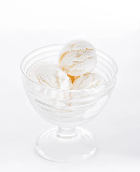 Vanilla ice cream on white background. Scoops of vanilla ice cream in glasses bowl