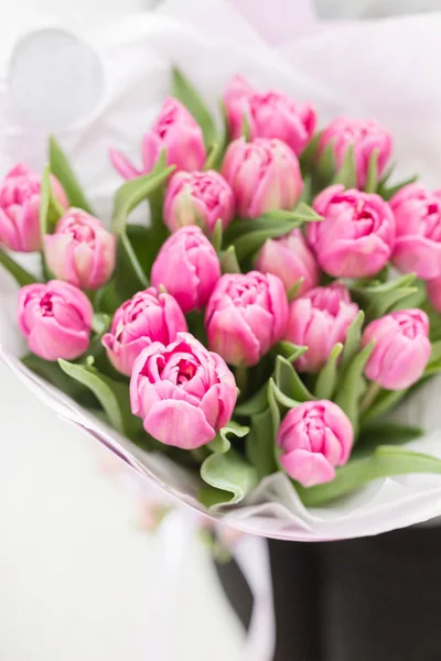 Tulpen von pinkfarbener Farbe in Frauenhand. Große Knospen. Florale Naturkulisse. ungewöhnliche Blumen, im Gegensatz zu den anderen. Flachfokus. Tapete, vertikales Foto — Stockfoto