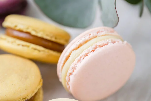 Close-up colorful French or Italian macaron on white wooden table. Macarons is French dessert served with tea or coffee. wallpaper, Horizontal photo