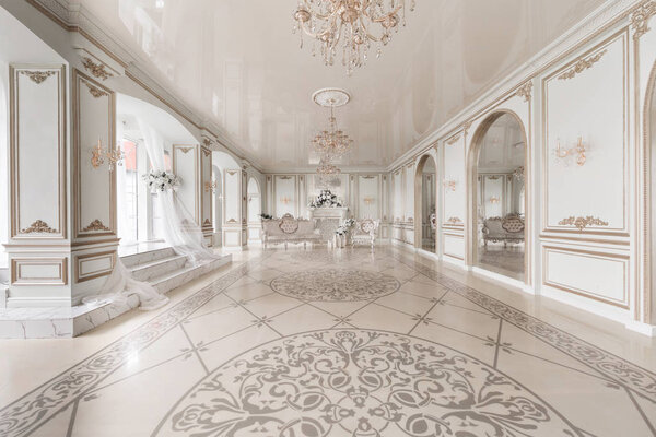 Роскошный винтажный интерьер с камином в аристократическом стиле. Большие окна и зеркала. Колонны и арки, орнамент на глянцевом полу
