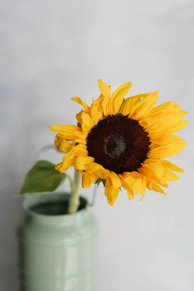 Красиві квіти соняшнику у вазі на столі. Букет жовтих квітів. Оздоблення будинку. Шпалери і фон. Вертикальне фото — стокове фото