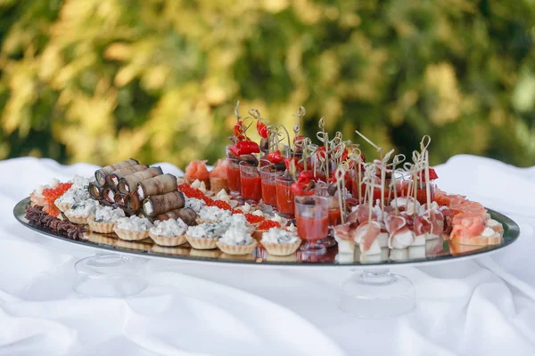 Delicious rolls canapes of eggplant and tomato. Tasty buffet table. Summer party outdoor. Catering concept — Stock Photo, Image