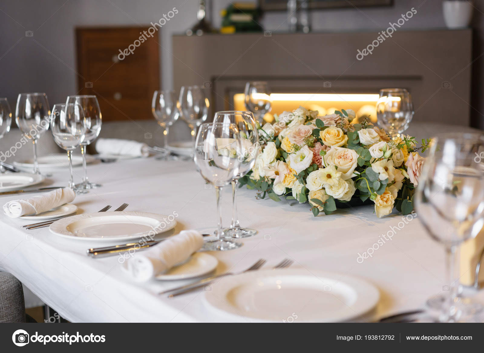 Luxury Wedding Reception Flower Arrangement On Table In
