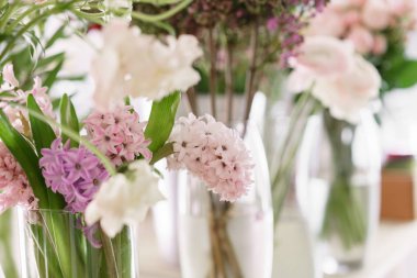 Çiçek Dükkanı kavramı. Farklı çeşitleri taze bahar çiçek çiçekler için buzdolabı odasında. Raf, çiçekçi iş buketleri.