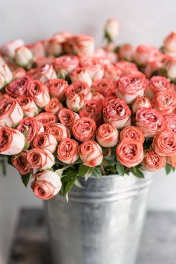 Çok renkli, pastel pembe ve toz renk güller. Bir sürü tomurcukları. Çiçek doğal zemin. Çiçek Dükkanı kavramı