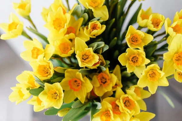 Narciso de color amarillo en jarrón de vidrio. Fondo natural floral. Foco superficial. Fondos de pantalla —  Fotos de Stock