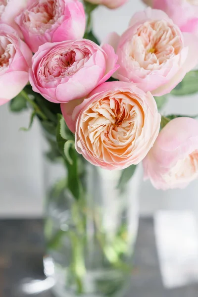 Englische Garten-Pfingstrosen Rosen, david austin. Mehrfarbige rosa Blütenknospe, floraler Hintergrund Foto. schöne Blumen in Glasvase. schöner Sommerstrauß. Florale Komposition, Tageslicht. Tapete — Stockfoto