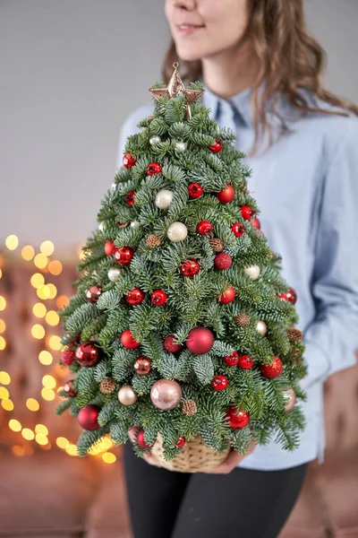 Prachtige kleine kerstboom in vrouwenhanden. Gelukkig humeur. Garland lamp bokeh op de achtergrond. Behang. Deense dennen en dennen, Nobilis — Stockfoto