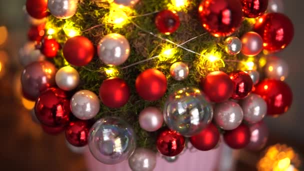 나무 위에 놓인 이끼의 아름다운 작은 크리스마스 트리입니다. 행복 한 기분. 가로등은 배경에 있다. 추상적 인 흐릿 함. — 비디오