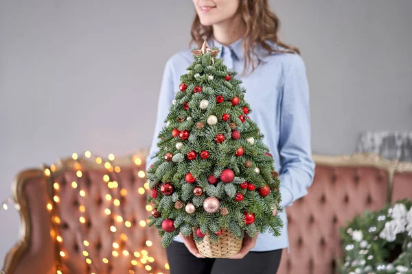 Prachtige kleine kerstboom in vrouwenhanden. Gelukkig humeur. Garland lamp bokeh op de achtergrond. Behang. Deense dennen en dennen, Nobilis — Stockfoto