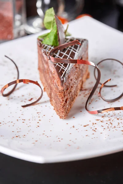 The Sacher cake, Sachertorte. Austrian chocolate cake, consisting of two plates of chocolate sponge cake and a thin layer of apricot jam — Stock Photo, Image