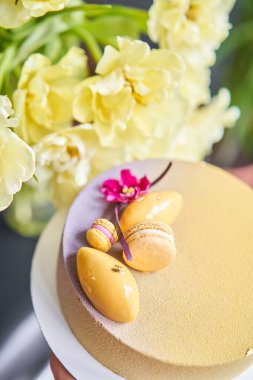 Sarı velour ile kaplı mus tatlısı. Modern Avrupa pastası. Tatlı tatlı ve çay partisi. Fransız mutfağı. Çiçekler teması. Kopyalama alanı