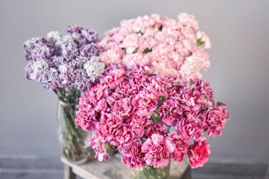 Bir demet karanfil çiçeği vazoların farklı çeşitleri. Çiçeklerle donatılmış çok hoş bir geçmiş. Duvar kağıtları. Anneler Günü için karanfil sürüsü.