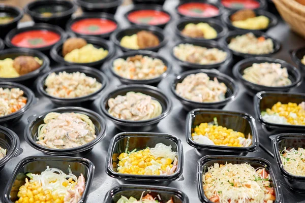 Yemek servisi. Plastik tek kullanımlık beslenme çantasında sağlıklı doğal gıdalar var. Tavuk çorbası, çorba püresi, pirzola, deniz ürünleri makarnası, salata, taze çörekle pilav..