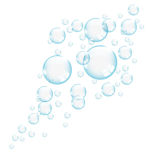 Blue transparent bubbles on white background