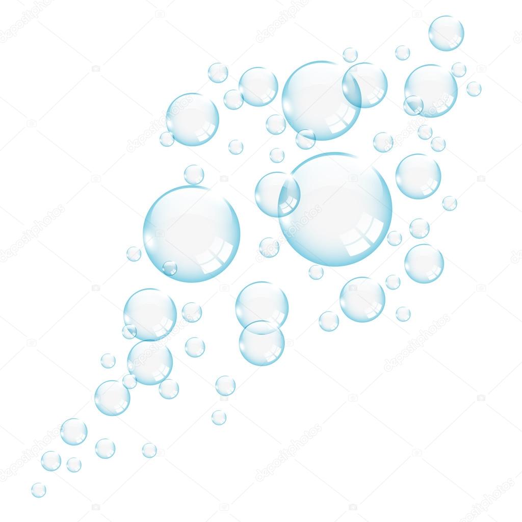 Blue transparent bubbles on white background