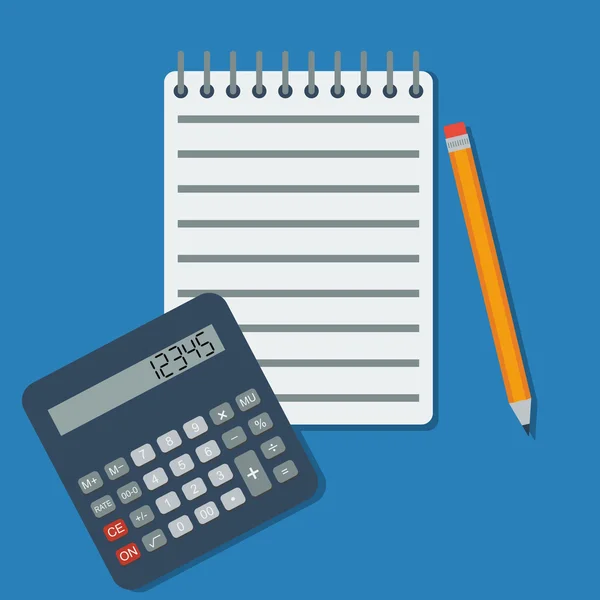 Calculadora vetorial plana, notebook e lápis —  Vetores de Stock