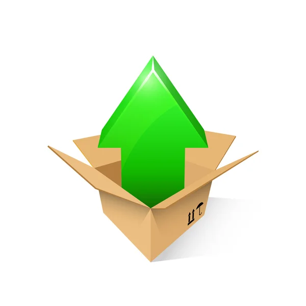 Boîte ouverte en carton avec flèche verte — Image vectorielle