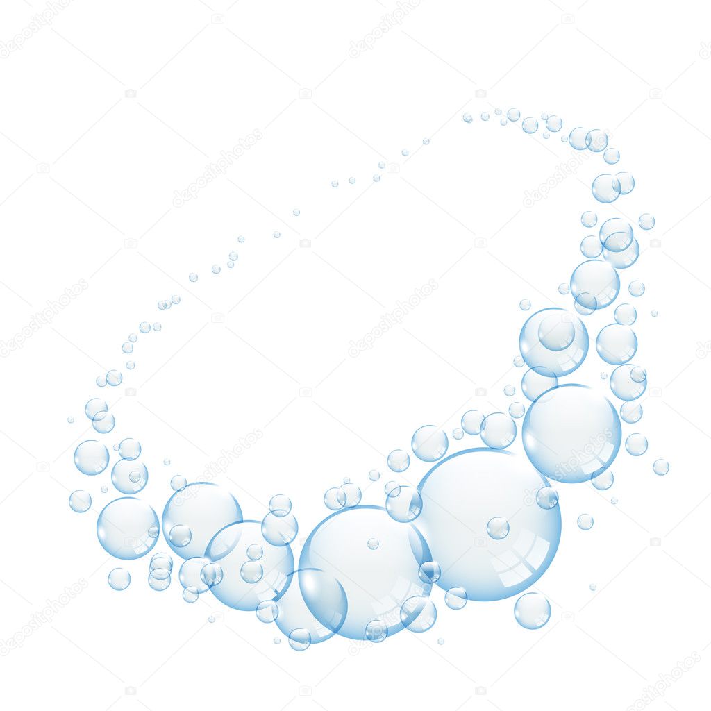 Blue transparent bubbles on white background