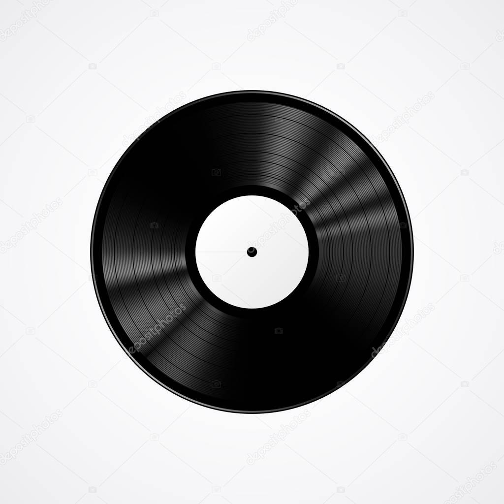 vector blank black LP vinyl record with white label on black background,  realistic illustration Stock Vector, Black Vinyl 