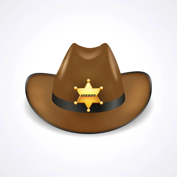 Sombrero Sheriff con estrella dorada aislada sobre fondo blanco, vista frontal — Vector de stock