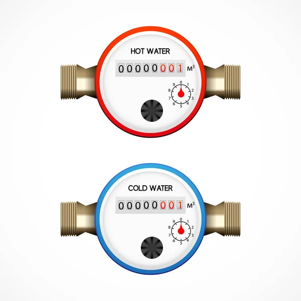 Conjunto de contadores de agua para agua fría y caliente, vector — Vector de stock