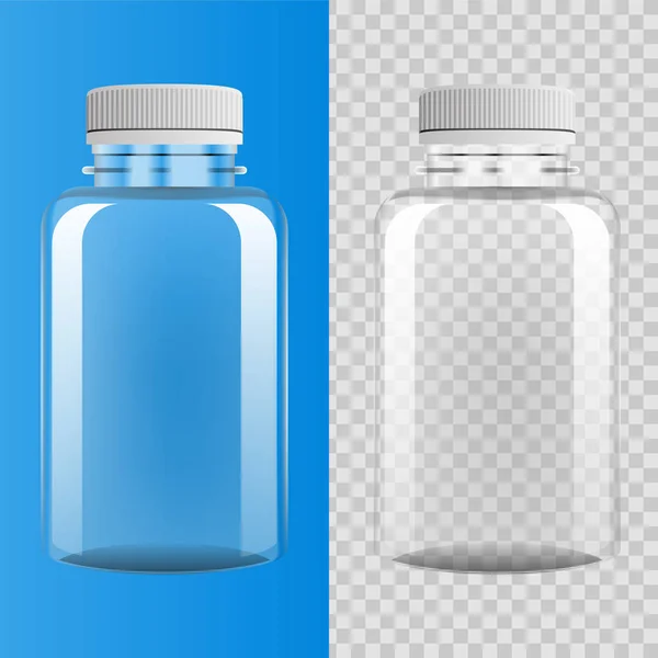 Frasco de plástico transparente sobre fondo azul y transparente — Vector de stock