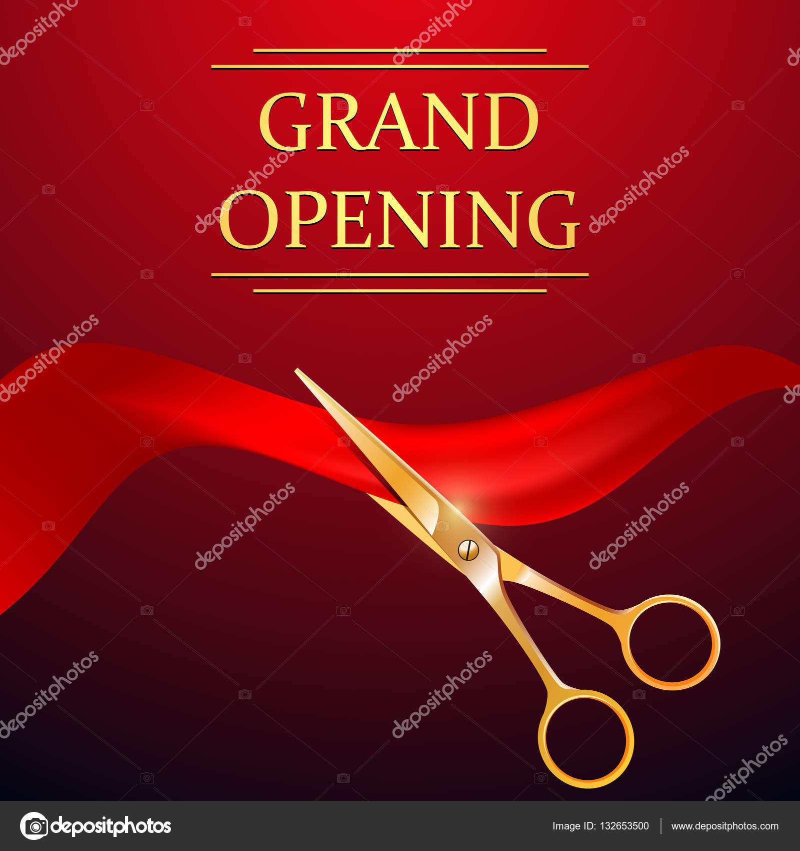 Grand Opening Banner With Cut Red Ribbon And Gold Scissors. Vector