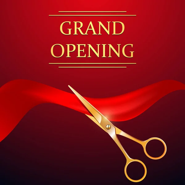 Plantilla de diseño Grand Opening con cinta roja y tijeras doradas sobre fondo rojo. Concepto de banner de inicio — Vector de stock