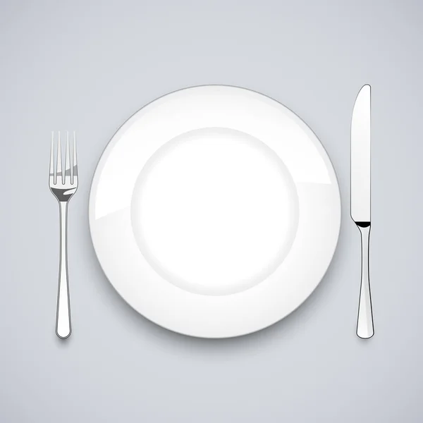 Plate, knife and fork, on gray background — Stock Vector