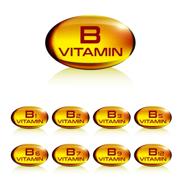 Conjunto de cápsula de gelatina amarilla vitamina b — Vector de stock