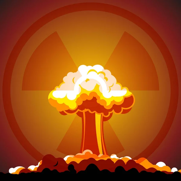 Cartoon Nuclear explosion with radiation sign — Stock Vector