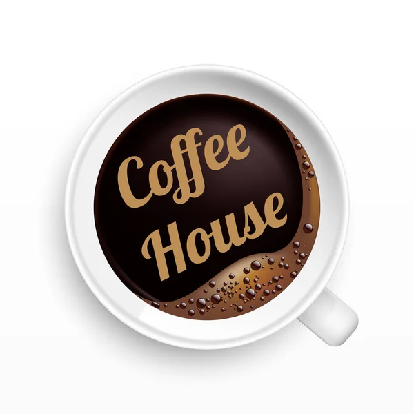 Una tazza di caffè con tag Coffee House, vista dall'alto — Vettoriale Stock