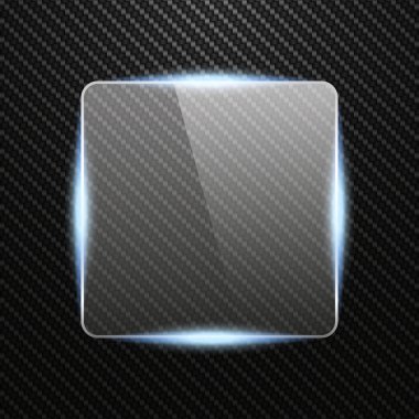 Şeffaf cam afiş karbon arka plan üzerinde ışık etkisi ile 