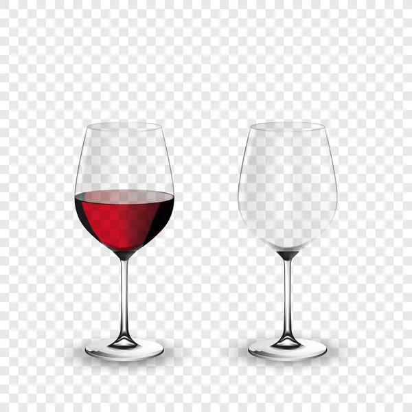 Sklenice na víno, prázdné a s červeným vínem, transparentní vektorové ilustrace — Stockový vektor