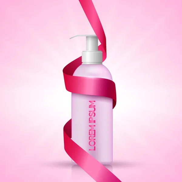 Botella cosmética de crema o jabón líquido sobre fondo colorido con cinta rosa — Vector de stock