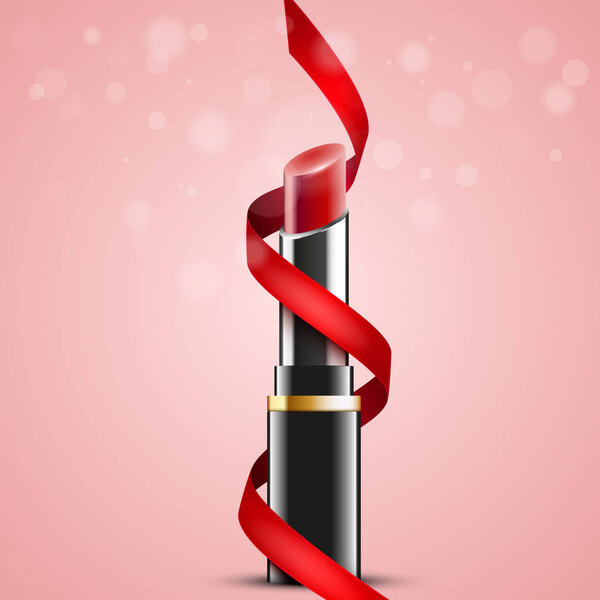 Red lipstick with red ribbon on abstract background, vector design