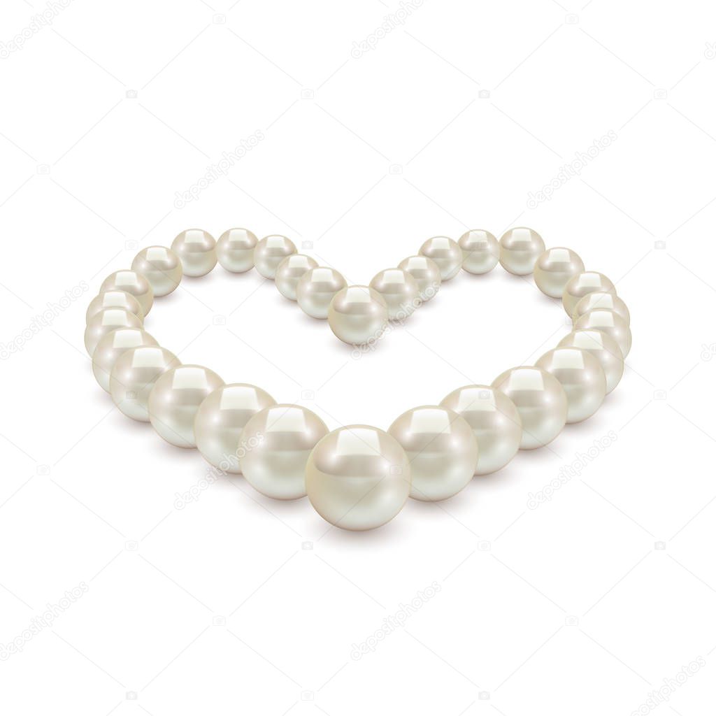 Shiny realistic Pearl necklace in the shape of heart on white background