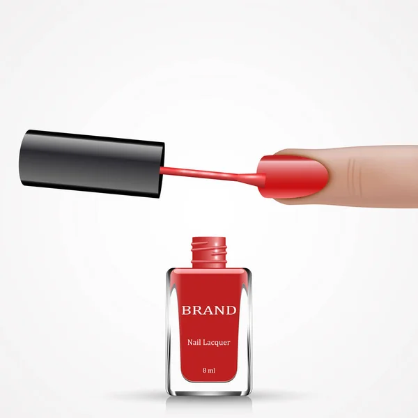 Dedo da mulher com escova de verniz de unhas vermelhas e garrafa — Vetor de Stock