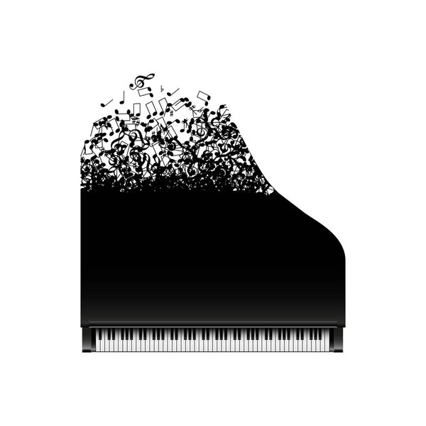 Black grand piano with flying notes, top view