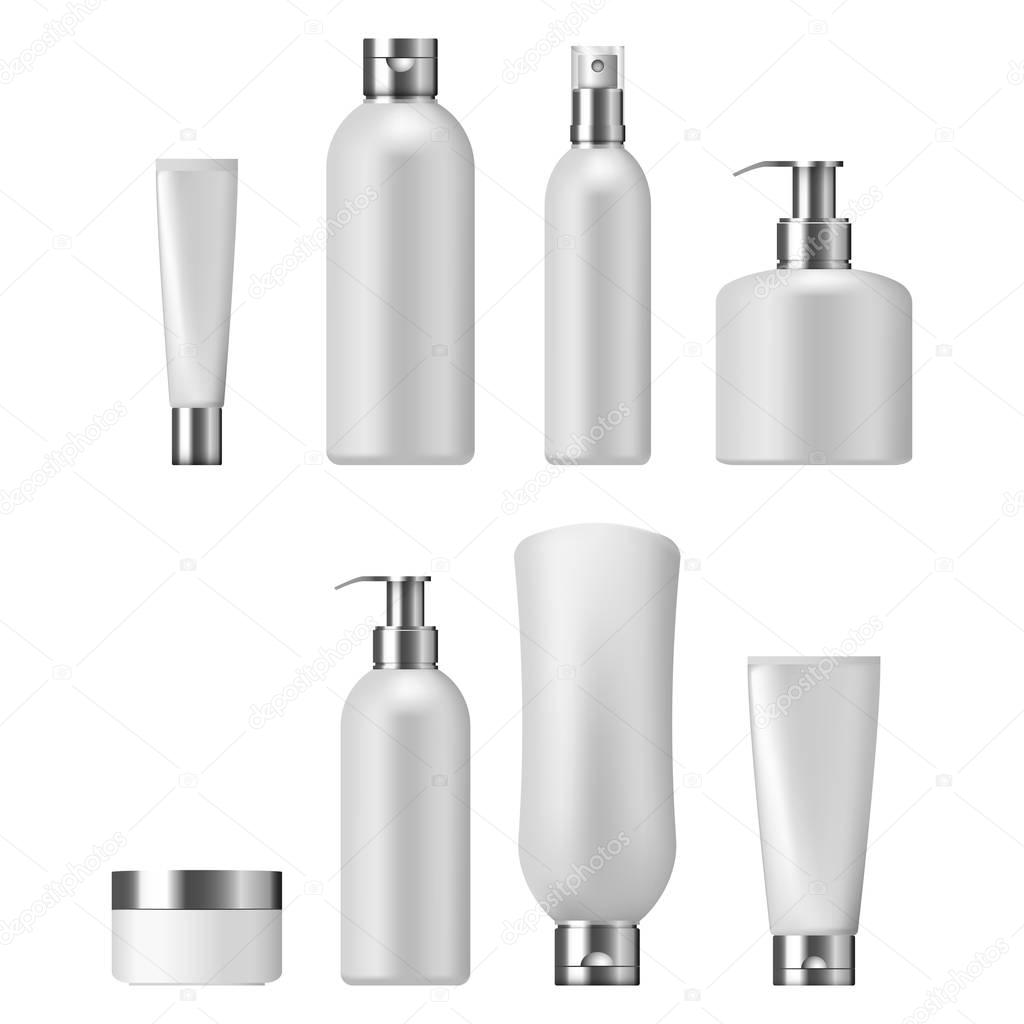 Set of cosmetic packaging with silver caps, isolated on white background. 