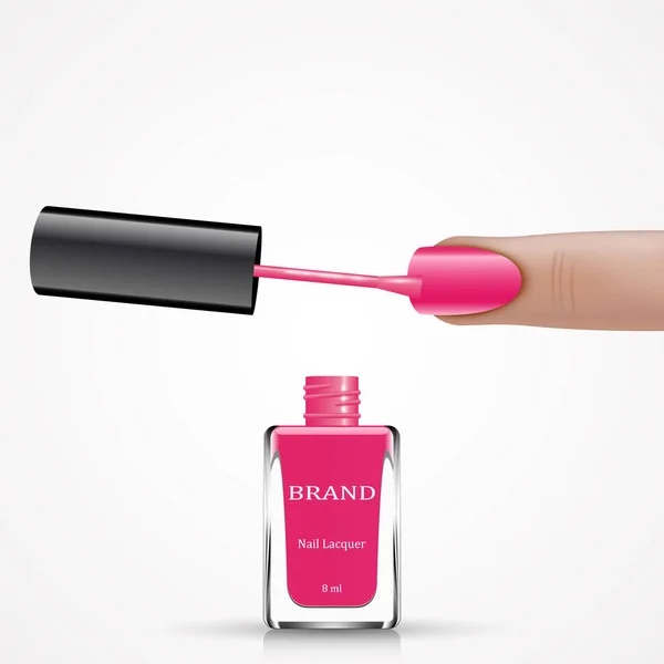 Kobieta palec z paznokcia różowy lakier pędzla i butelki — Wektor stockowy